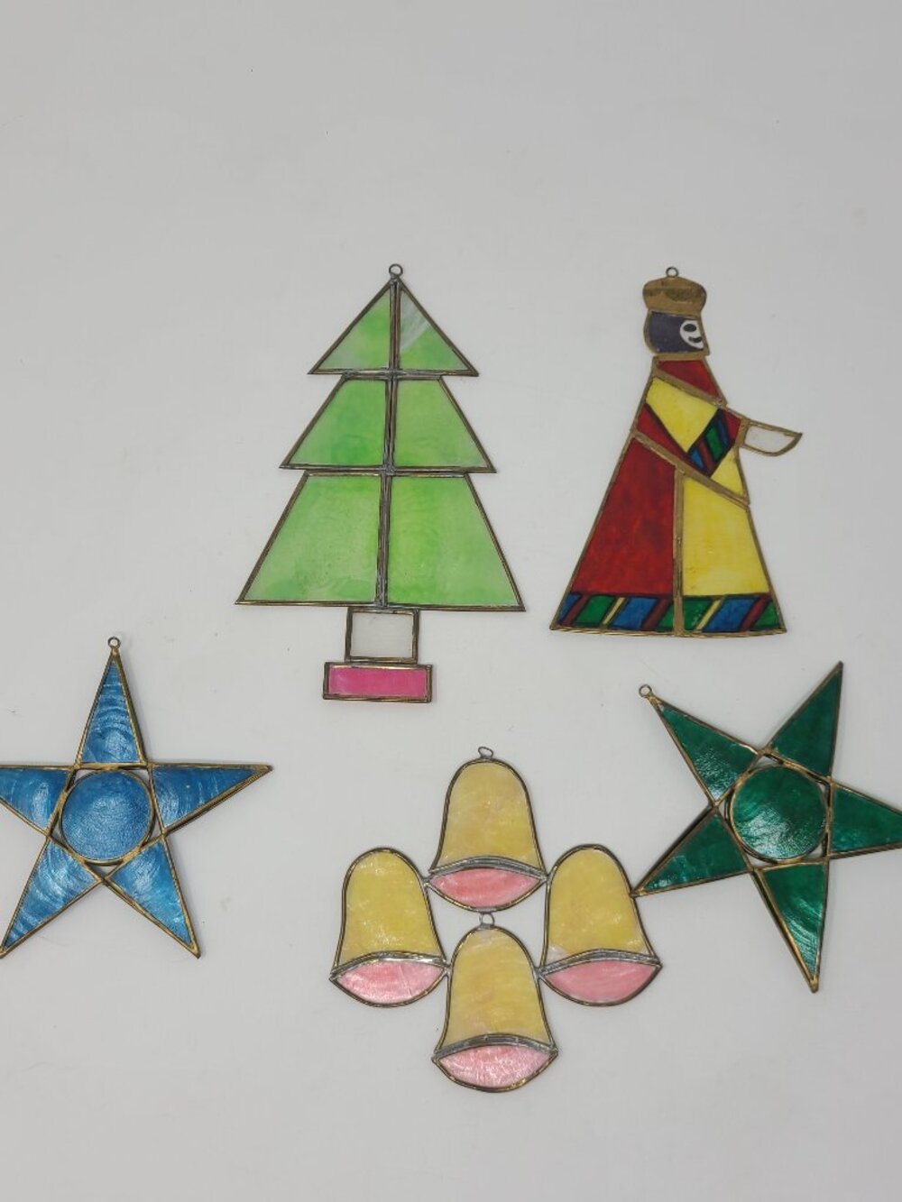 Set of 5 Capiz Shell Christmas Ornaments Stars Bells Tree Wise Man